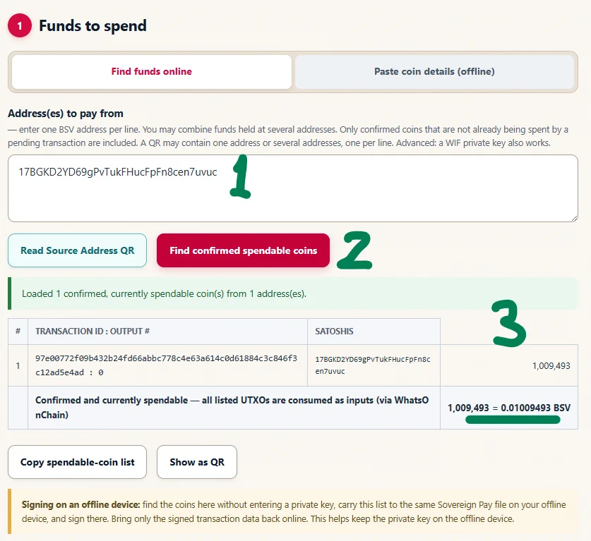 Sovereign Pay QR Edition 1.3 showing a source address and its confirmed spendable coins.