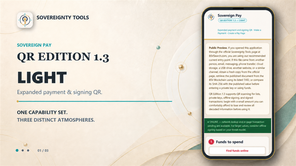 Sovereign Pay QR Edition 1.3 in the warm, approachable Light theme.