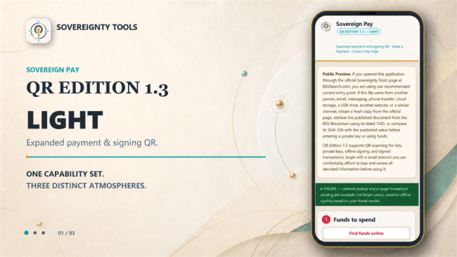 Sovereign Pay QR Edition 1.3 in the warm, approachable Light theme.