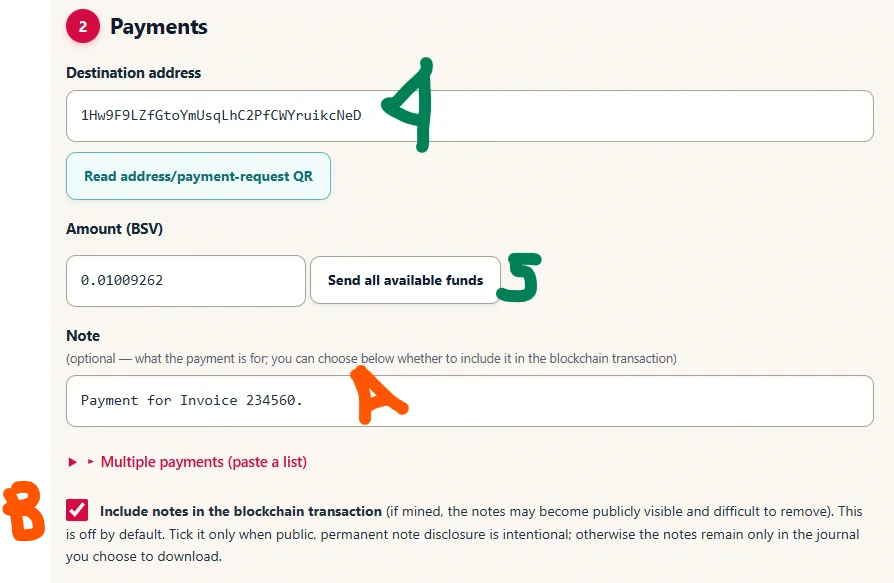Sovereign Pay destination address, sweep amount and optional on-chain note controls.