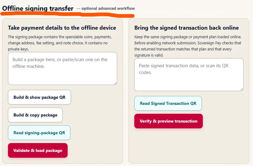 Sovereign Pay optional offline-signing package and returned-transaction workflow.
