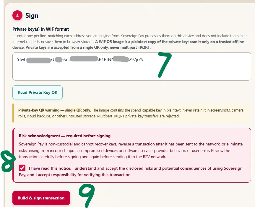 Sovereign Pay signing step with the private key redacted and the risk acknowledgement selected.