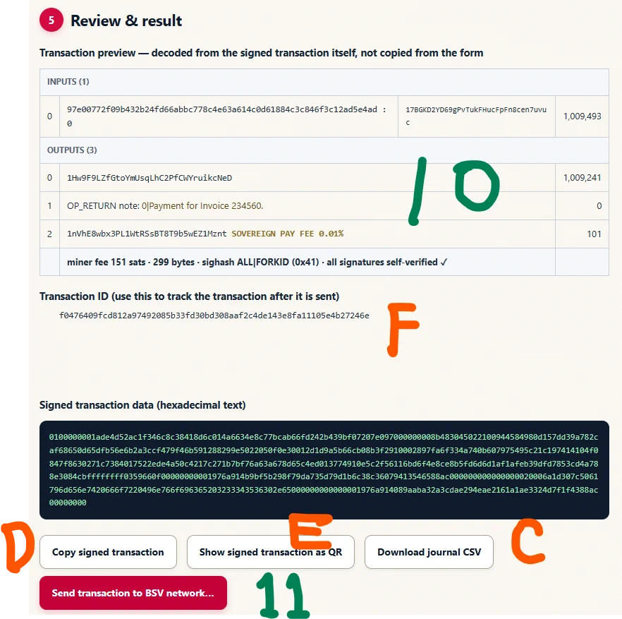 Sovereign Pay decoded transaction preview, fees, transaction ID and signed-transaction controls.