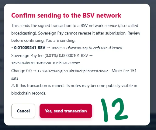 Sovereign Pay final confirmation summarising the destination, service fee, change and miner fee.