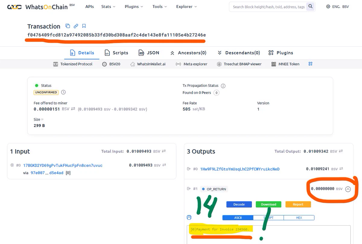 WhatsOnChain explorer showing the unconfirmed transaction, its outputs and the decoded public note.