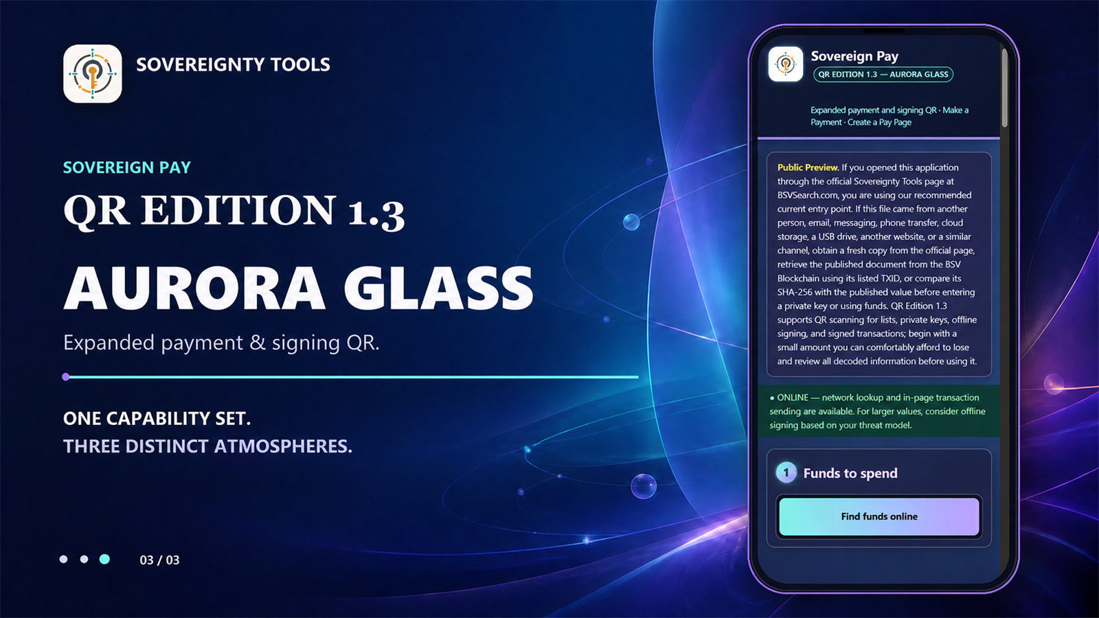 Sovereign Pay QR Edition 1.3 in the luminous Aurora Glass theme.