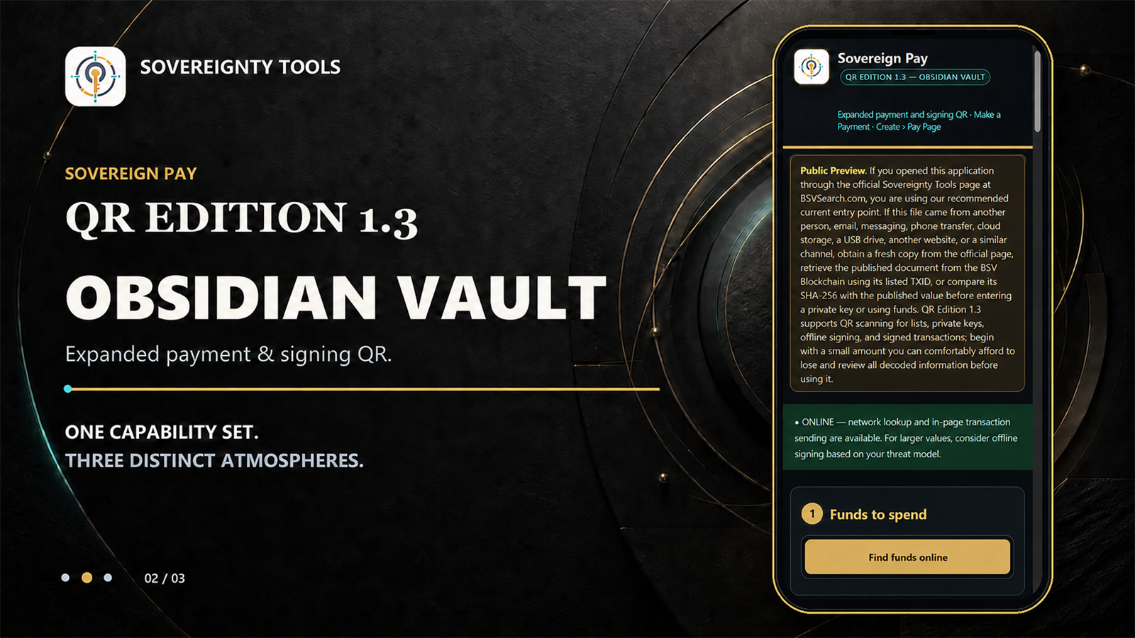 Sovereign Pay QR Edition 1.3 in the dark Obsidian Vault theme.